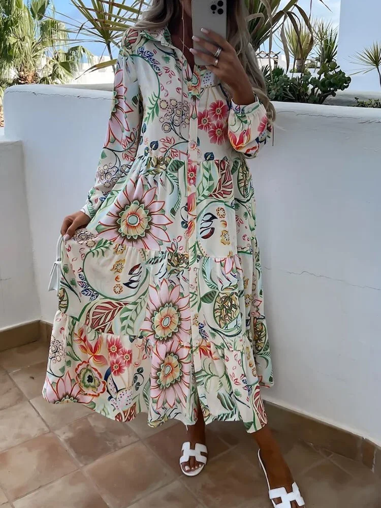 Elegant Floral Print Boho Long Dress Women Sexy Turn-down Collar Button Shirt Dress Spring Summer Loose Pleated Maxi Beach Dress