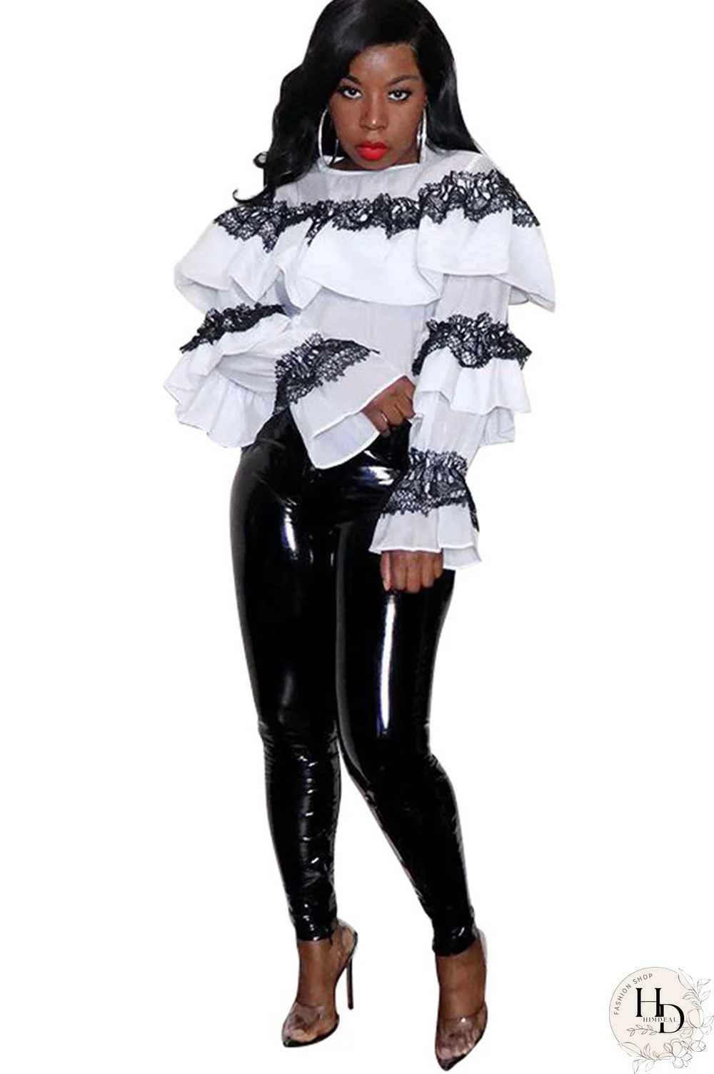 White Polyester O Neck Long Sleeve ruffle Solid Patchwork Tees & T-shirts