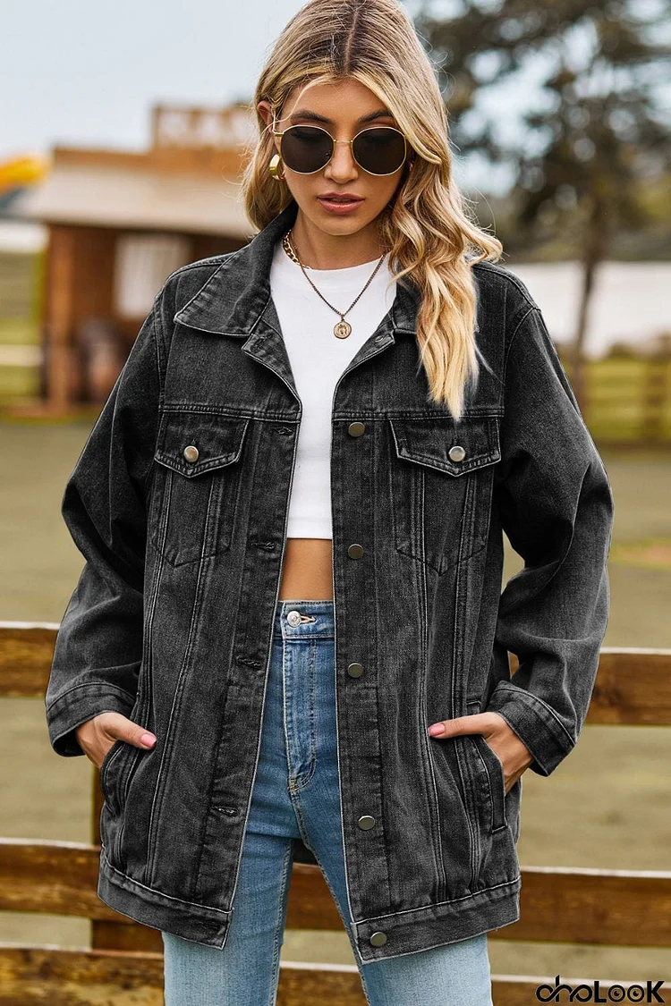 Buttoned Collared Neck Denim Jacket with Pockets