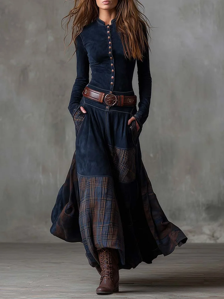 Navy Plaid Paneled Vintage Suede Maxi Dress(with belt)
