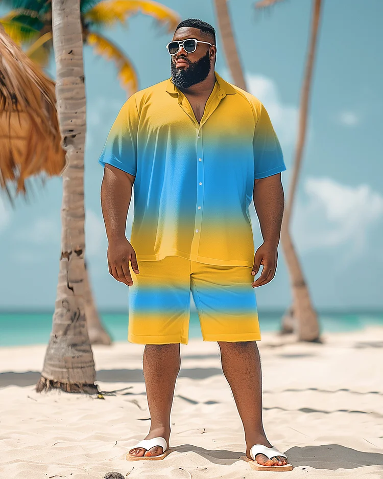 Men's Plus Size Hawaiian Gradient Contrast Print Shirt Shorts Suit