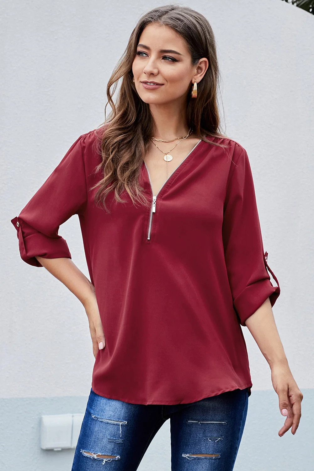 Red Casual V Neck Zip up Half Sleeve Blouse | IFYHOME