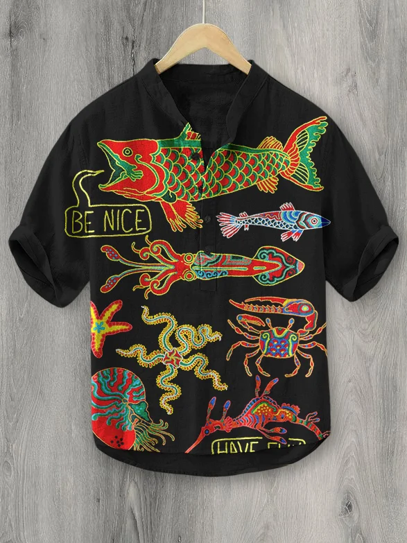Men's Colorful Koi Fish Hawaii Vacation Print Half Button Shirt