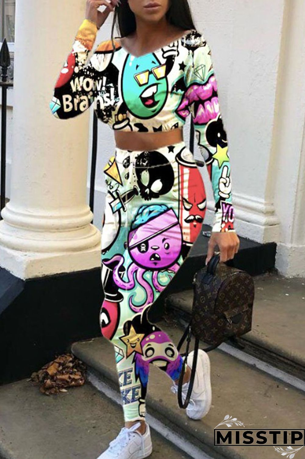 Multi-color Street Print Patchwork O Neck Long Sleeve Two Pieces