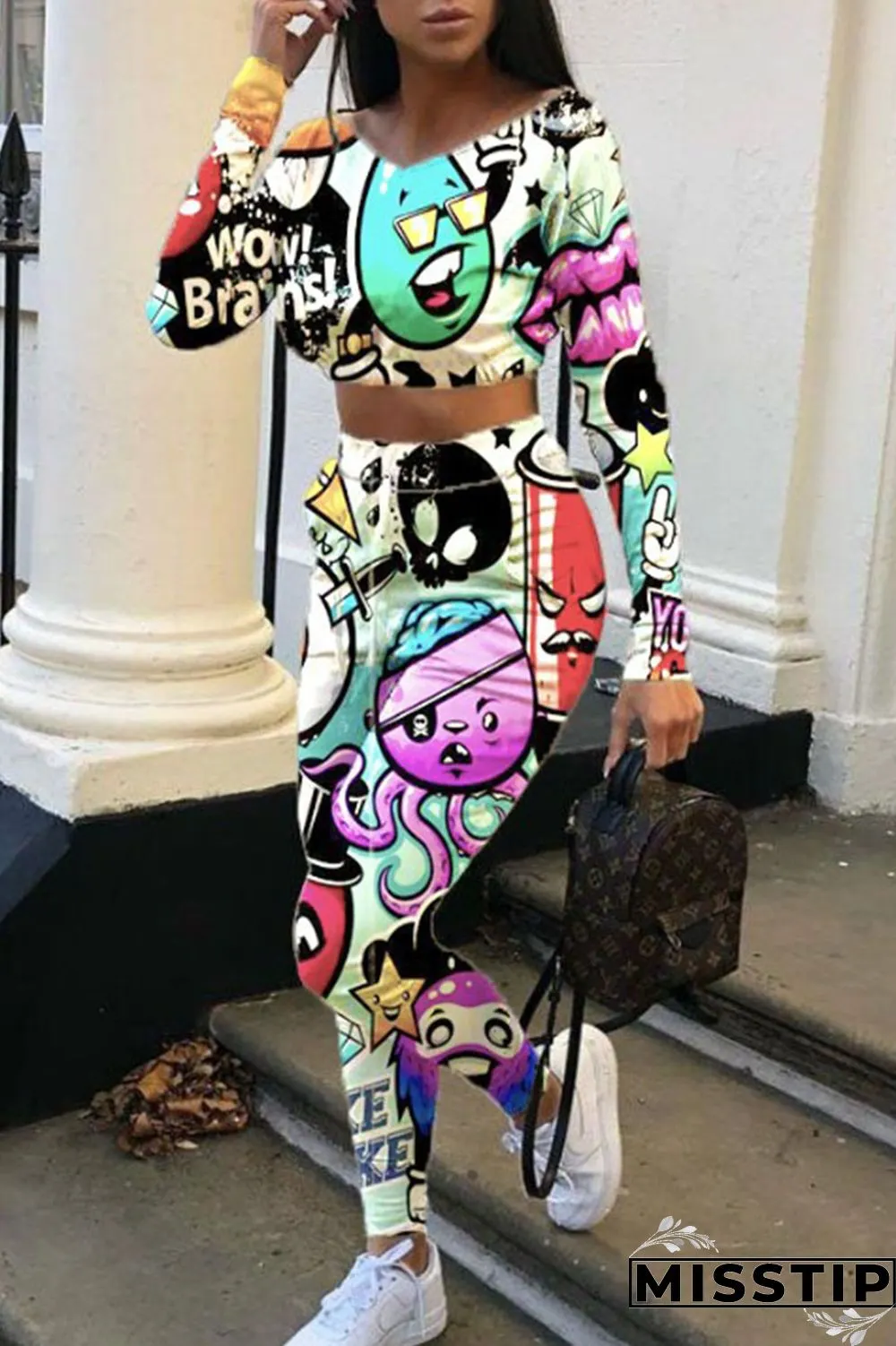 Multi-color Street Print Patchwork O Neck Long Sleeve Two Pieces