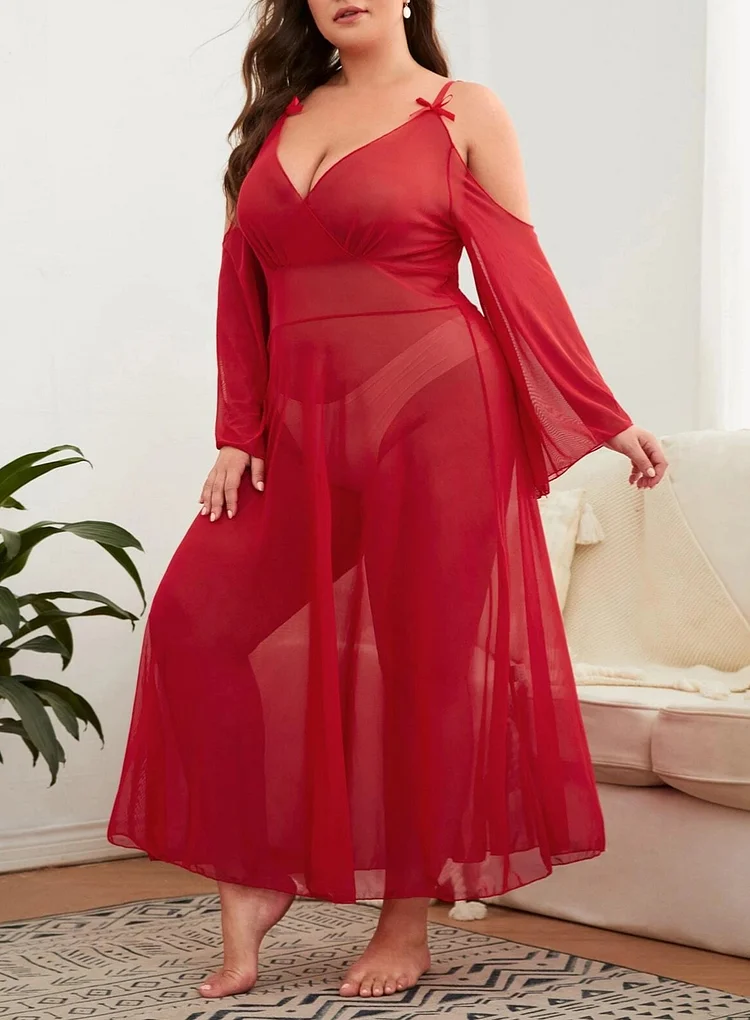 pearlsvibe -  Deep V Back Cutout Solid Sheer Mesh Babydoll