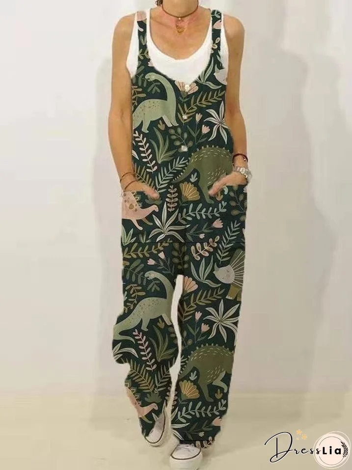 Jumpsuits Loose Cute Print Pocket Sleeveless Jumpsuit for Women