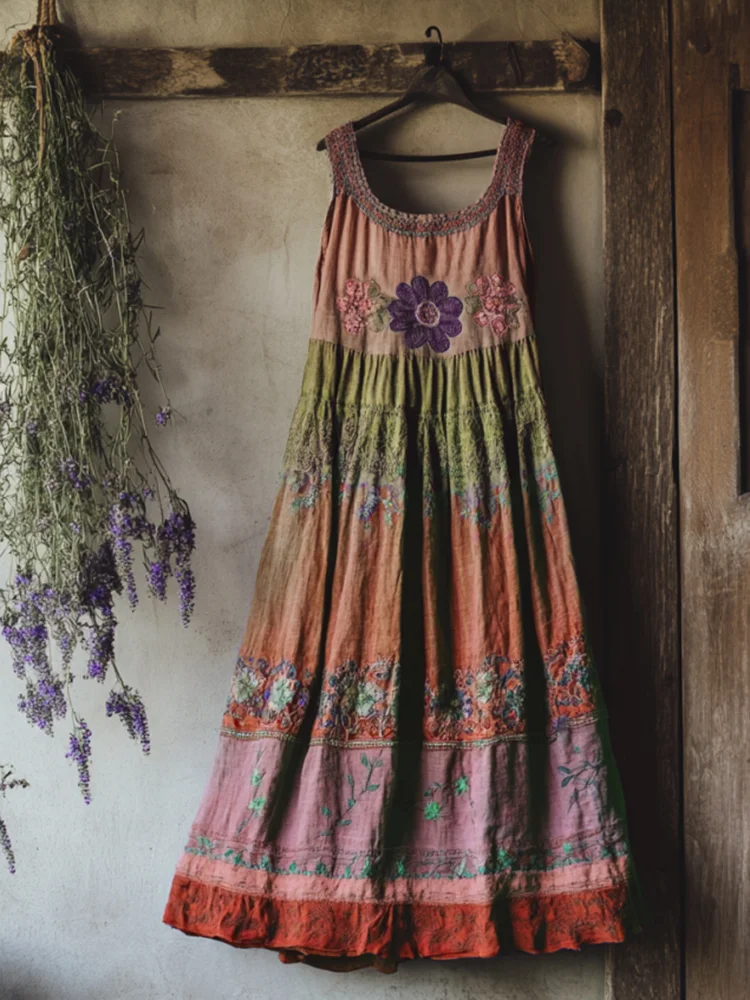 Utbros Vintage Bohemian Lavender Embroidery Patchwork Art Sleeveless Cozy Linen Maxi Dress