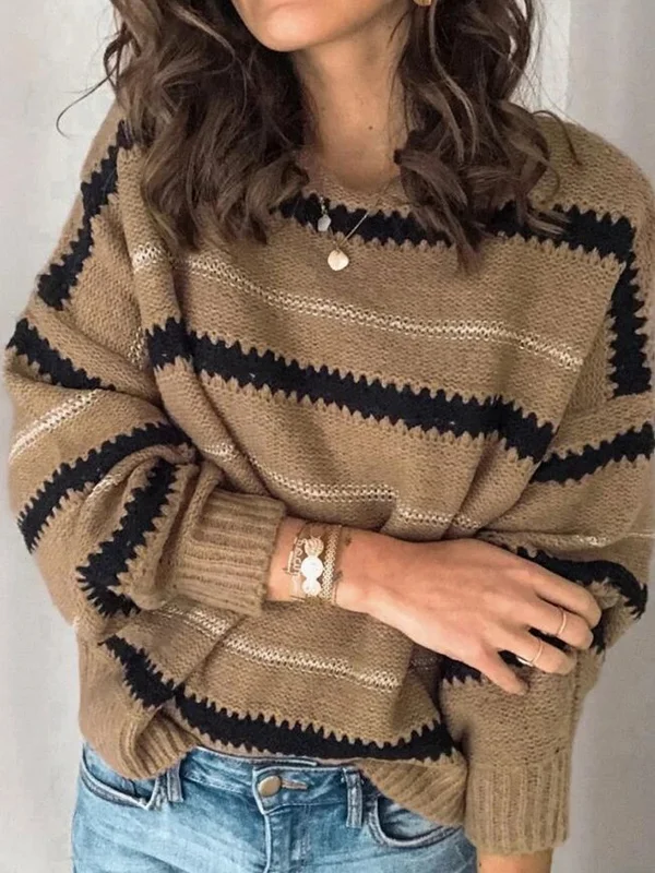 Striped Loose Long Sleeves Round-Neck Sweater Tops Pullovers Knitwear
