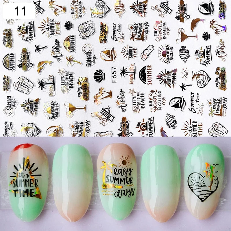 1 Sheet iridescent Nail Sticker Black leave 3D Transfer Beautiful Nail Decals Decoration Summer Popupar DIY Nail Design