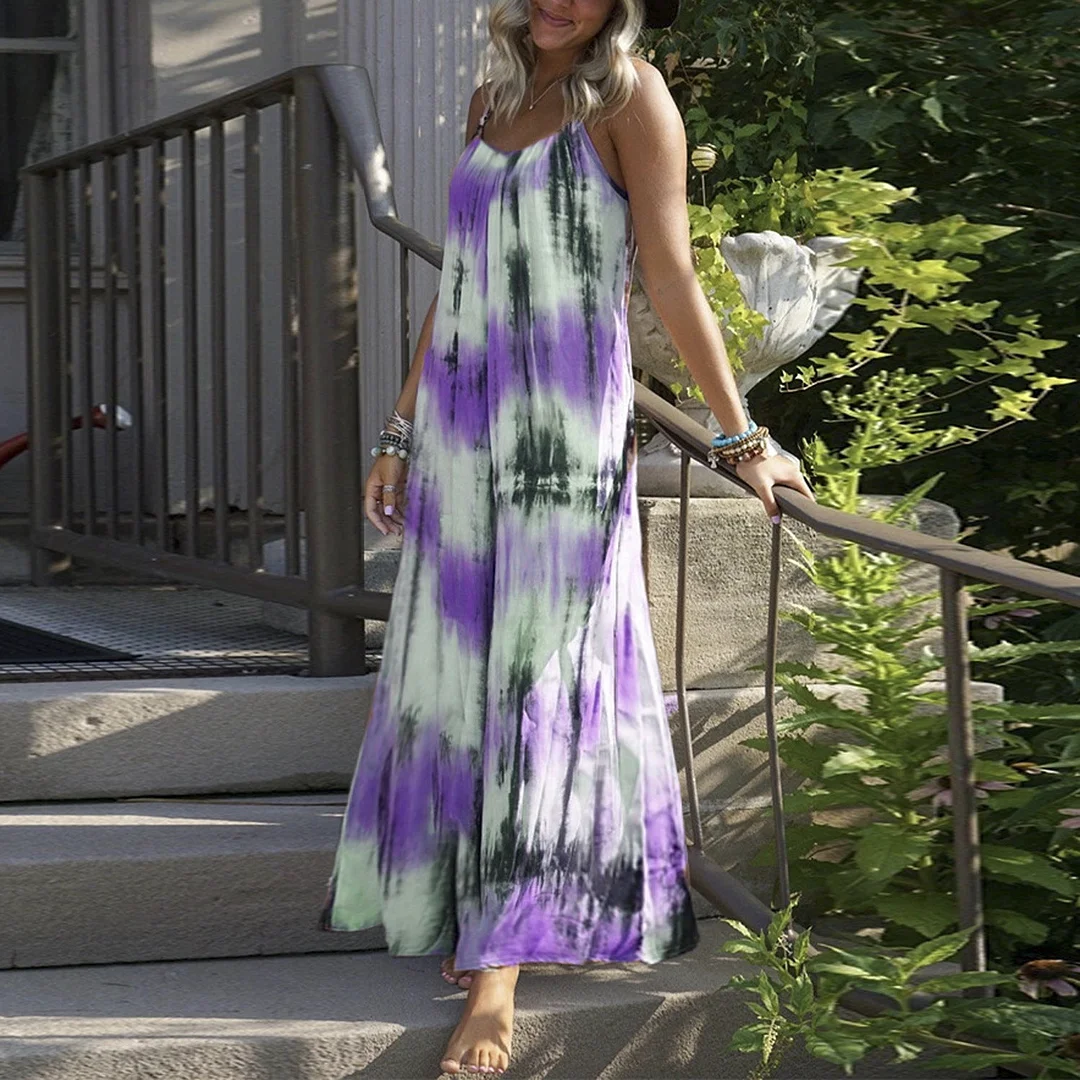 Brownm Quality Loose Tie-dye Print Long Dresses