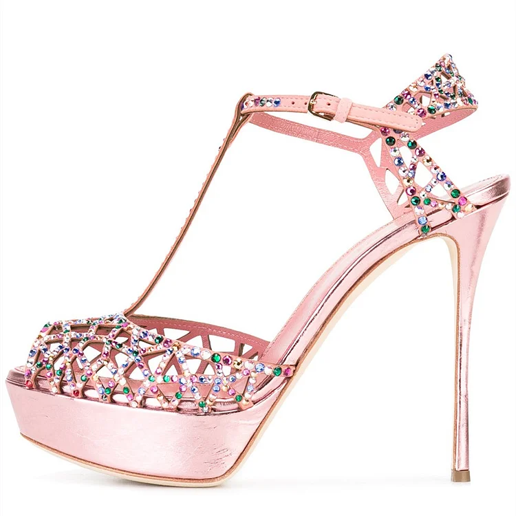 Pink Colorful Rhinestone Hotfix T Strap Stiletto Heel Platform Sandals |FSJ Shoes