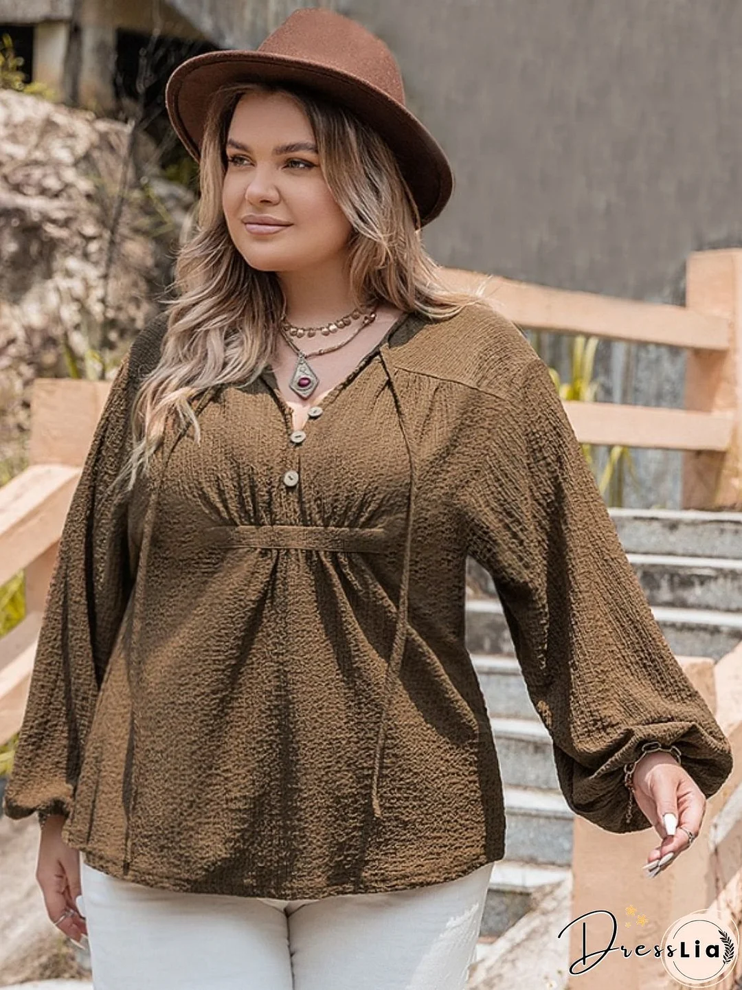 Plus Size Tie Neck Long Sleeve Blouse