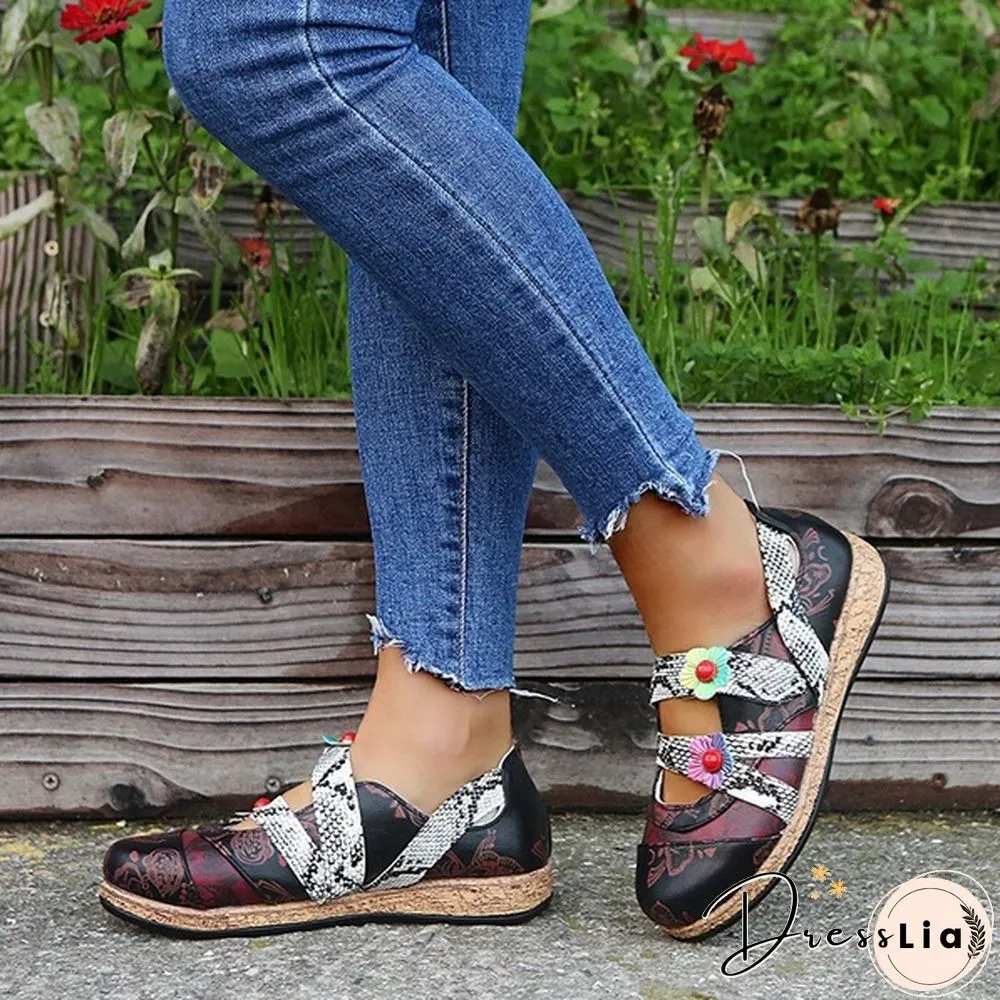 Womens Retro British Floral Leather Sandals Color Stitching Shackles Stripes 