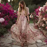 Bohemian Pink Embroidered Floral Breathable V-neck Short Sleeve Dress - Image 2