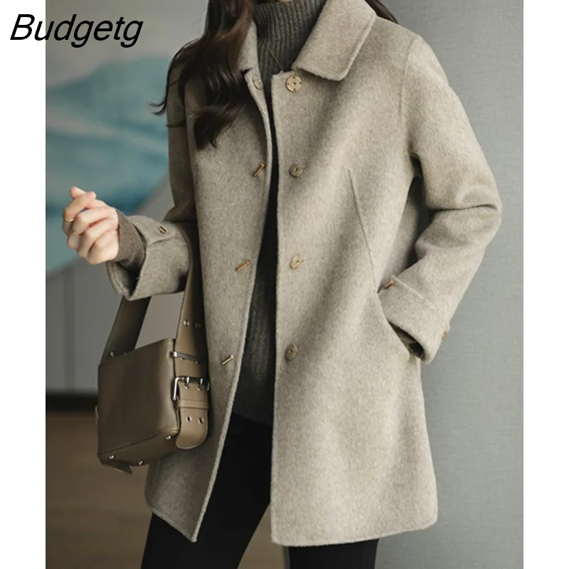Budgetg Coat Slim Fashion Office Lady Square Collar Single Breasted Winter Coats for Women 2022 Wide-waisted Pocket Black Coat