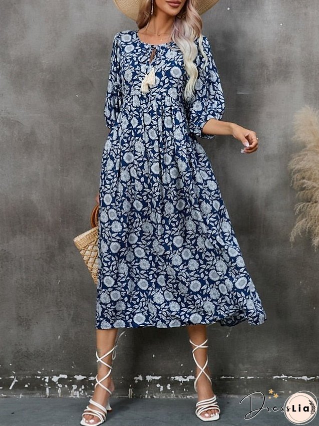 Casual Dress Floral Dress Summer Dress Floral Lace up Print V Neck Midi Dress Fashion Modern Holiday Date Half Sleeve Regular Fit Dark Blue Summer Spring S M L XL for Women