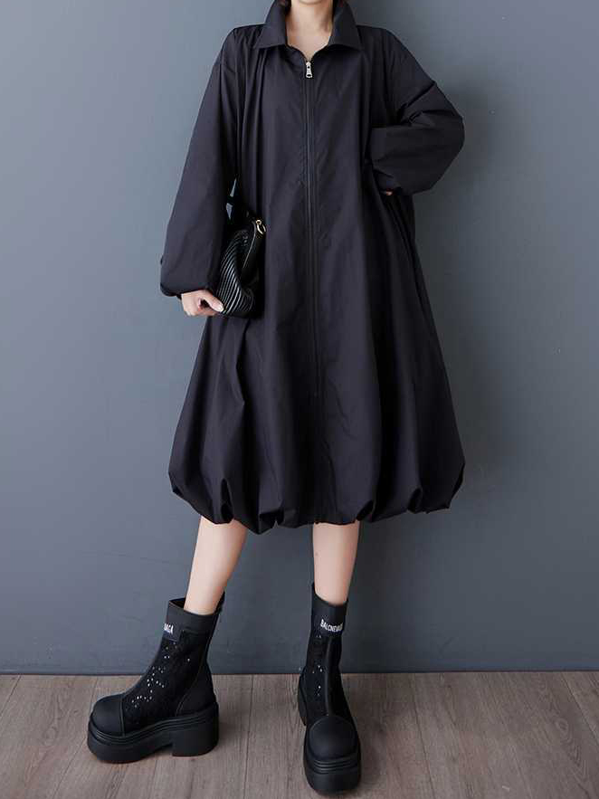 Shirt Collar Zipper Bubble Shape Hem Long Sleeve Solid Color Loose Midi Dress