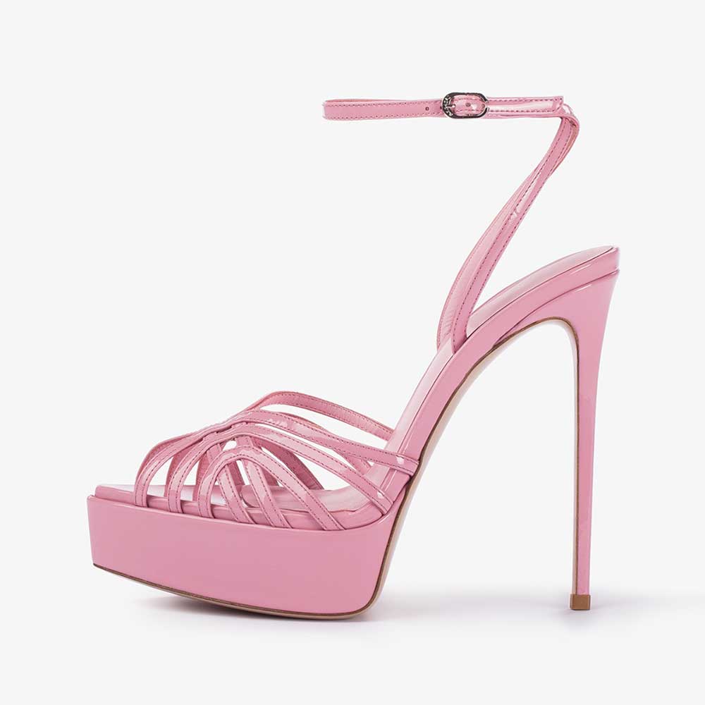 Pink Pointed Toe Stiletto Heel Ankle Strap Platform Sandals Nicepairs