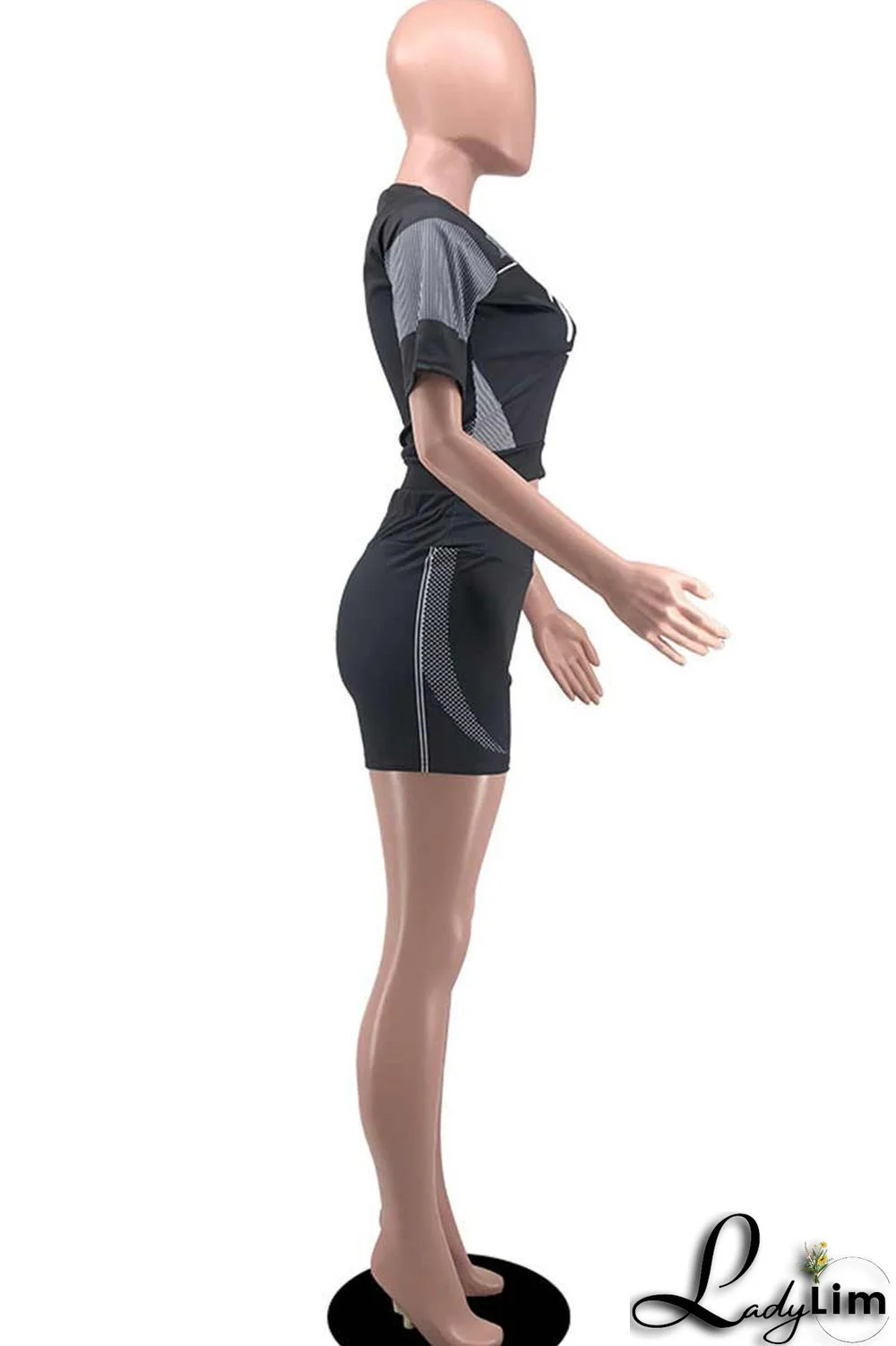 Black Casual Sportswear Print Patchwork O Neck Short Sleeve Two Pieces