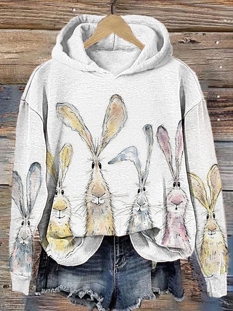 Watercolor Bunny Print Casual Cozy Hoodie wearshes