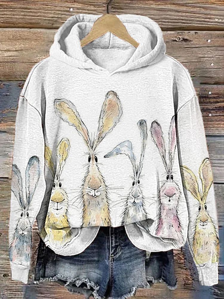 Watercolor Bunny Print Casual Cozy Hoodie