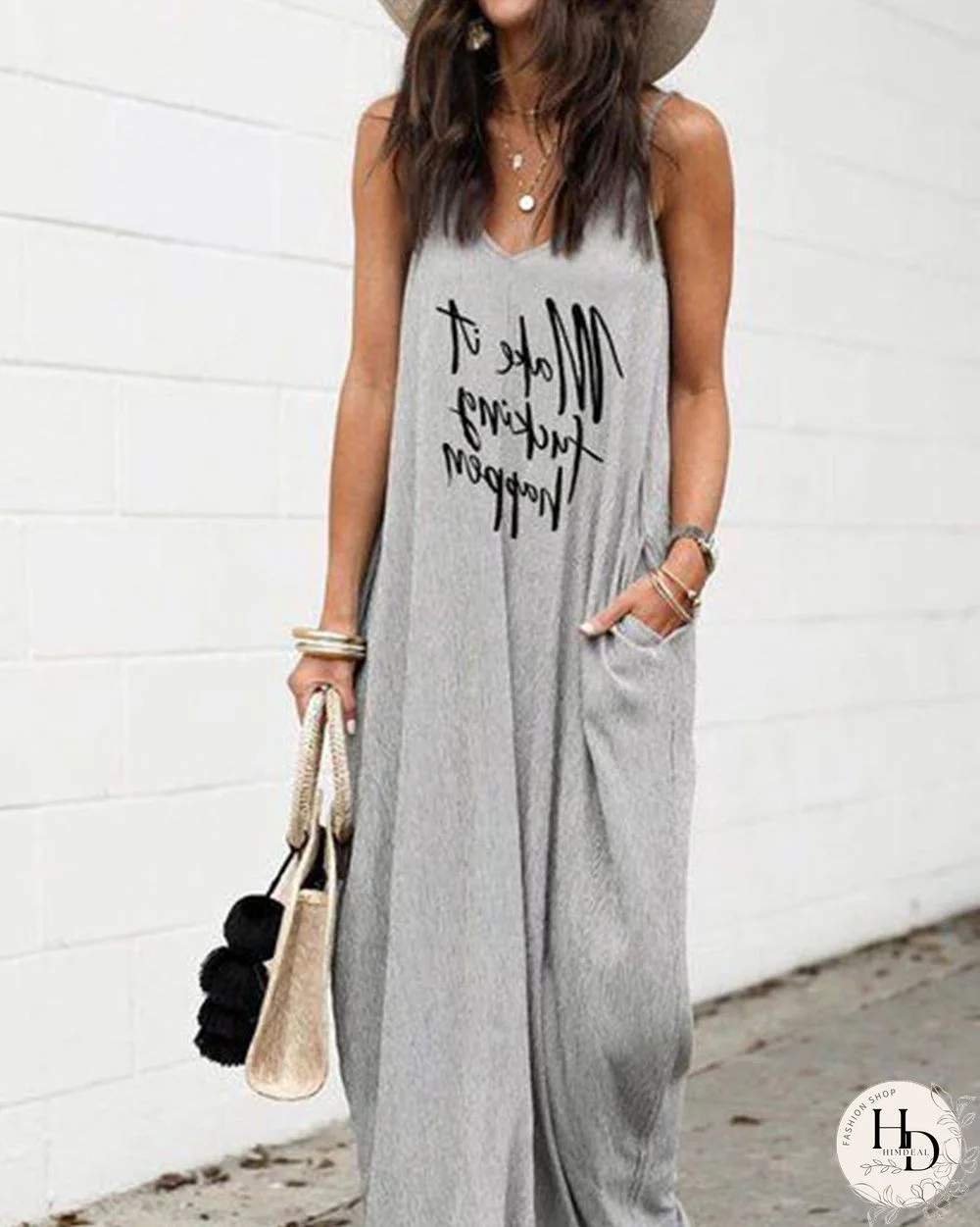 Casual V Neck Spaghetti Strap Maxi Dress P10649