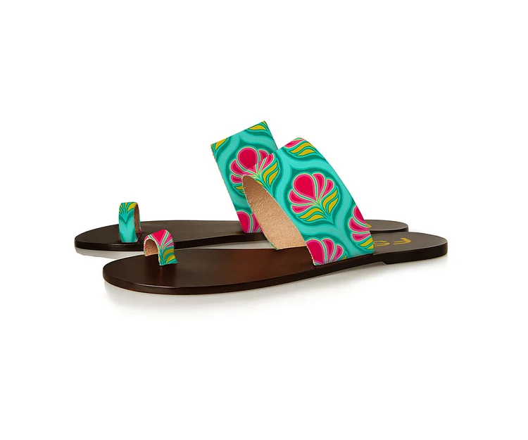 FSJ Green Floral Toe Loop Sandals Summer Flat Thong Sandals US Size 3-15 |FSJ Shoes