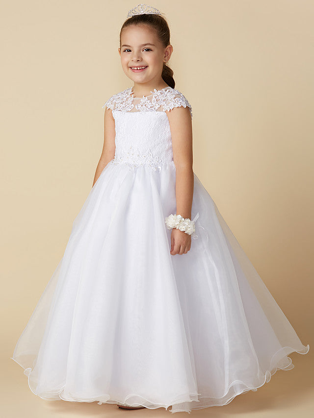 Oknass Ball Gown Short Sleeve Jewel Neck Flower Girl Dresses Lace Tulle With Beading  Appliques