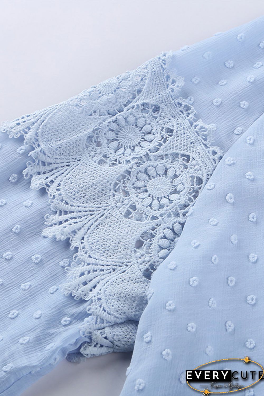 Sky Blue V Neck Lantern Sleeve Lace Hollow Out Top