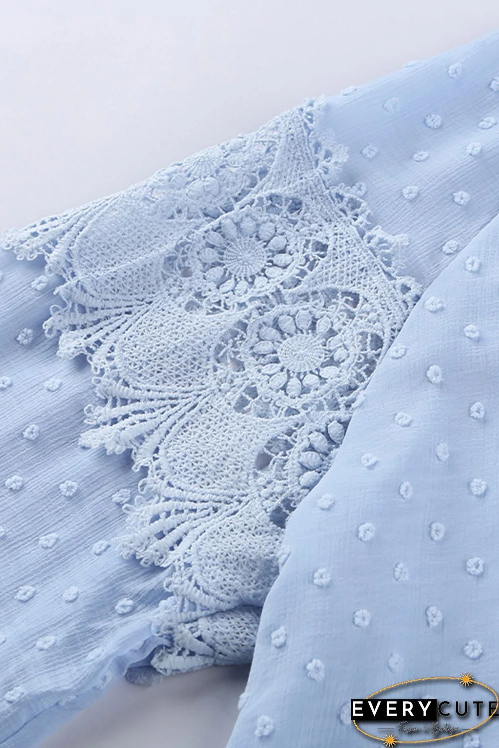 Sky Blue V Neck Lantern Sleeve Lace Hollow Out Top
