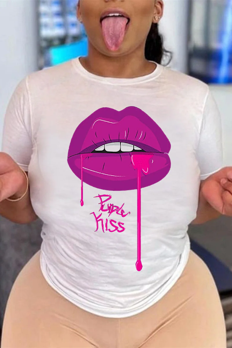 Purple Fashion Casual Lips Printed Basic O Neck T-Shirts | EGEMISS