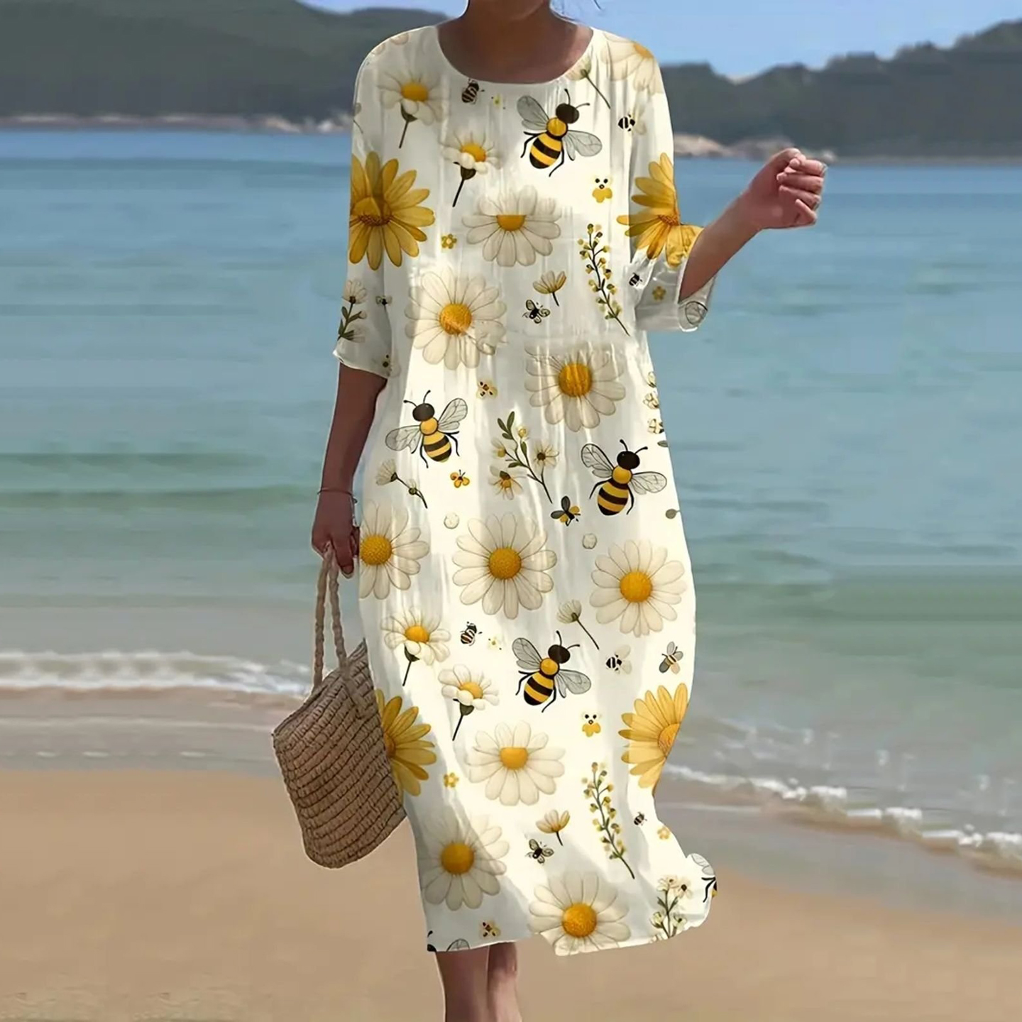 Comstylish Women's Daisy Bee Print Linen Blend Midi Dress