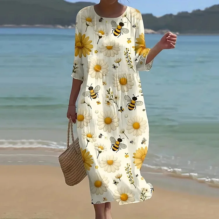 Simpfit Damen-Midikleid aus Nachahmung aus Baumwolle und Leinen mit Daisy Bee-Print
