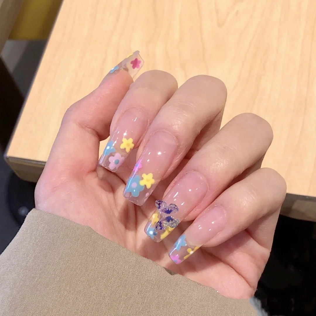 24pcs Blue Waves Printed False Nail Patch Glue Type Removable Long Paragraph Fashion Manicure Coffin Fake Nail Ballerina Art-Nail Inspo