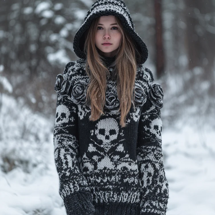Women's Vintage Skull Black And White Rose Thick Needle Casual Warm Hooded Sweater