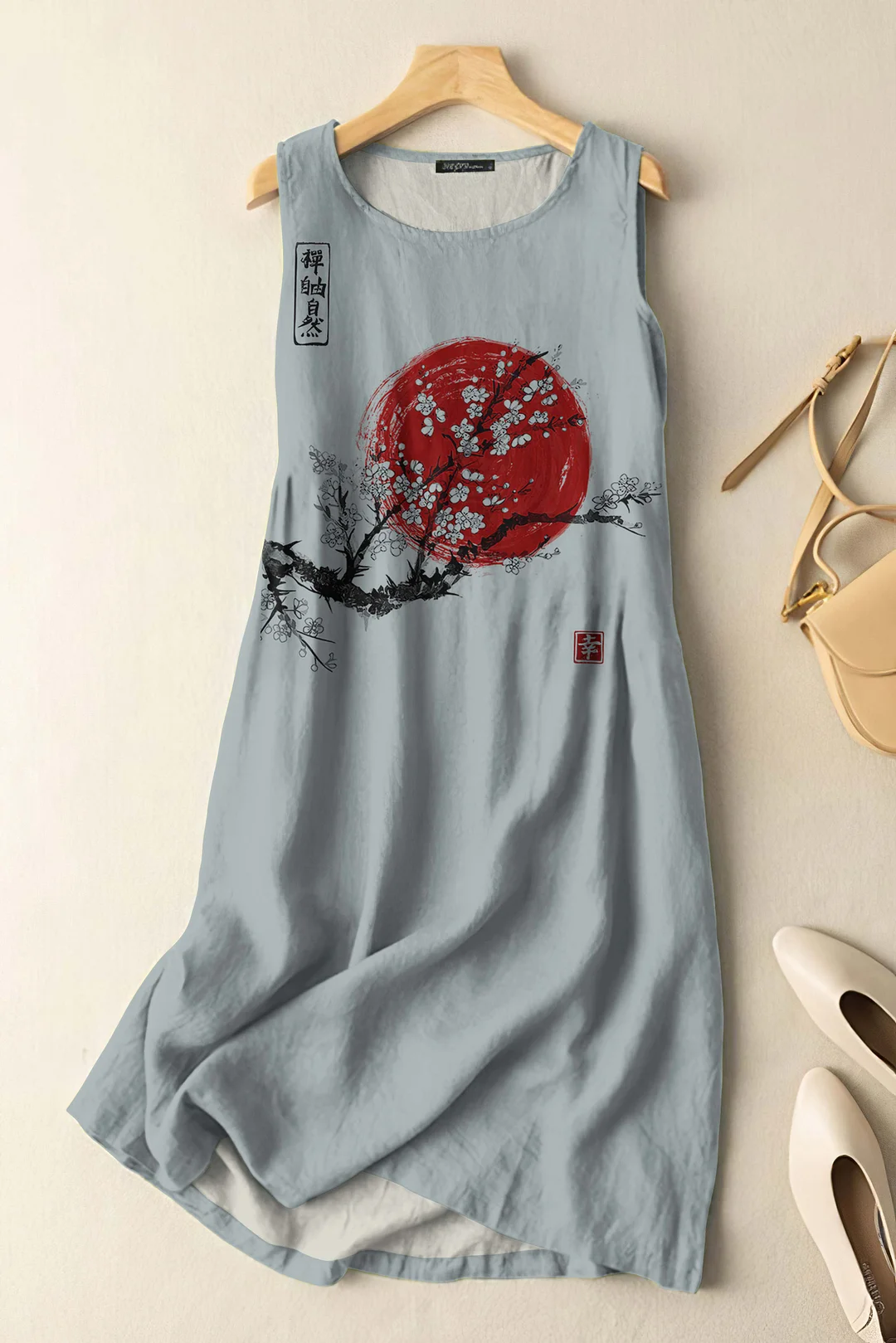 Vintage Japanese Ink Flower Sunrise Art Print Sleeveless Cotton And Linen Midi Dress