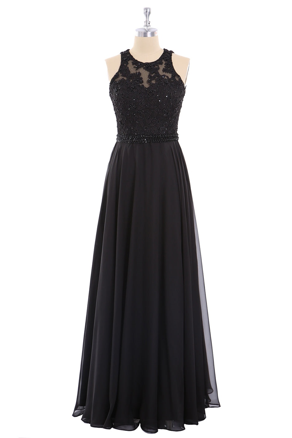 Ovlias Graceful Black Halter Applique Rhinestone Sleeveless Prom Dress LY0535