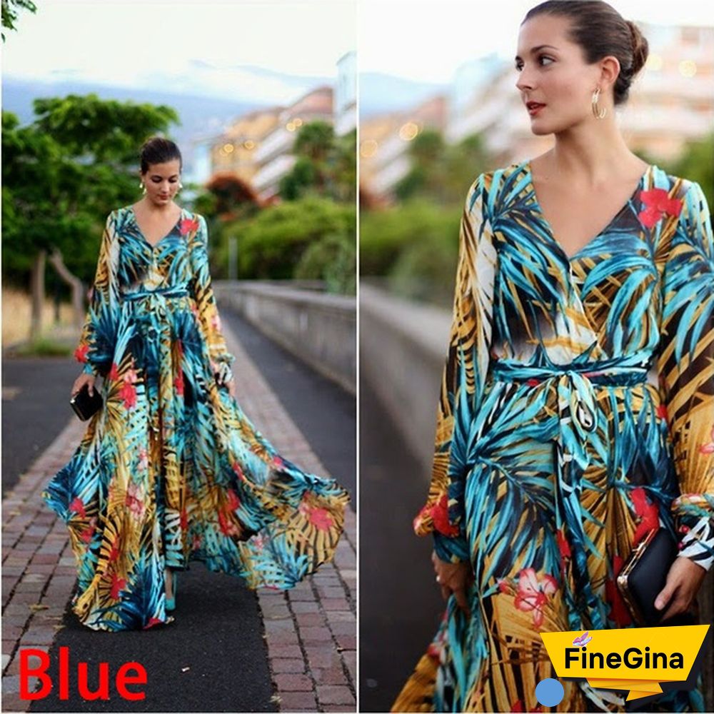 Green Purple Tropical Beach Vintage Maxi Dresses Long Sleeve Dress Boho Casual V Neck Belt Lace Up Tunic Plus Size Dress