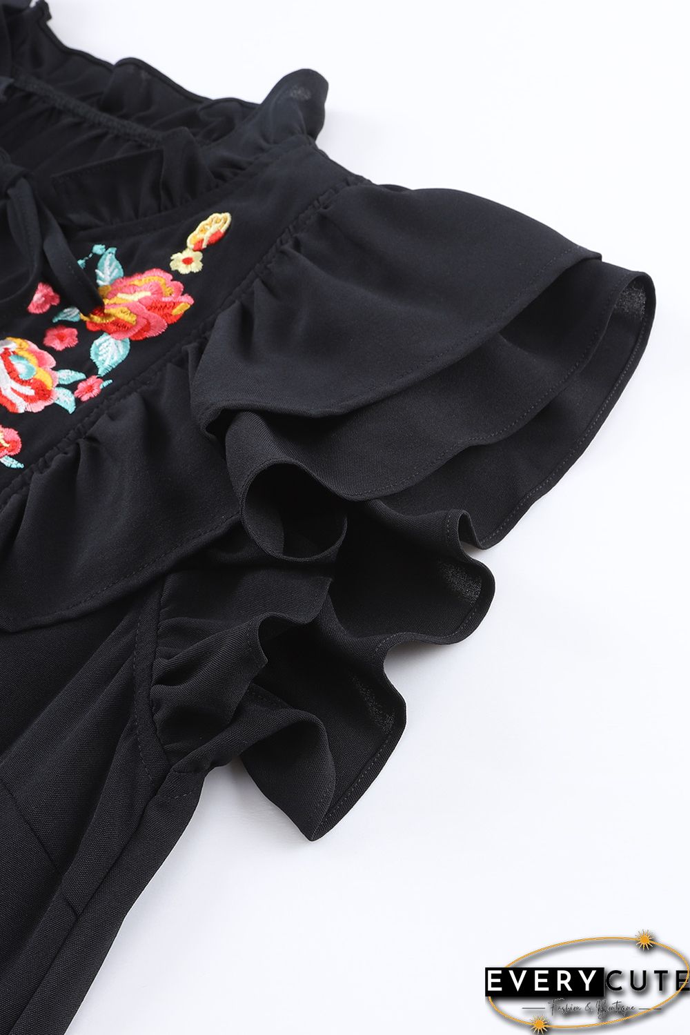 Black Floral Embroidered Ruffle Sleeve Shift Dress