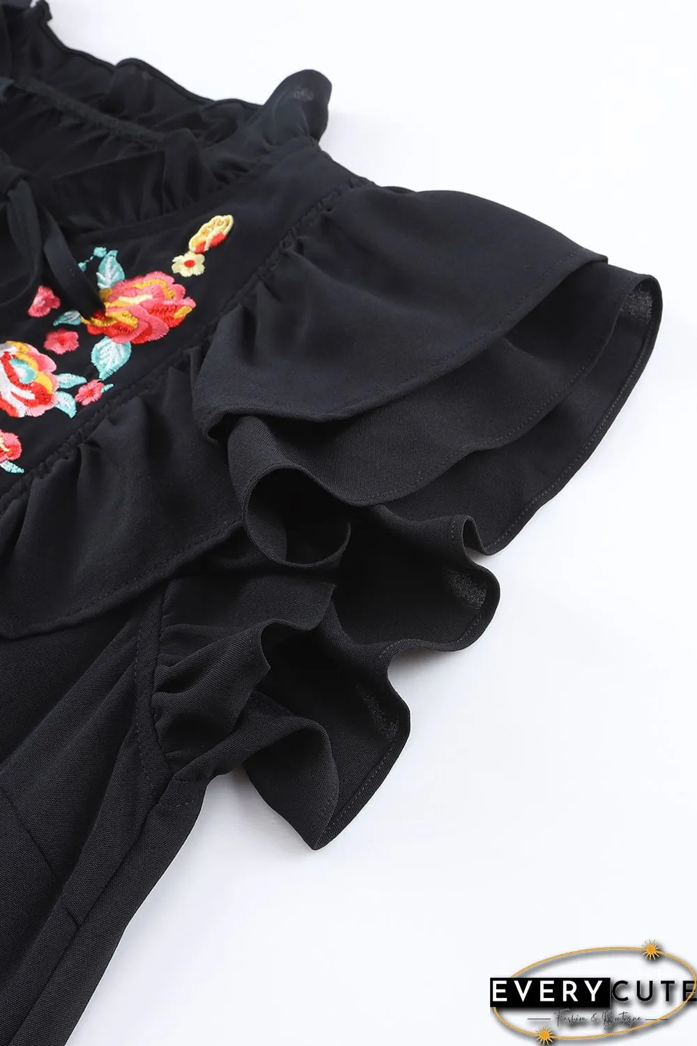 Black Floral Embroidered Ruffle Sleeve Shift Dress