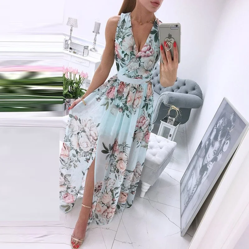 Summer Dresses For Women 2021 Long Dress Sleeveless Beach Maxi Sexy Casual Dress Chiffon Party Floral Robe