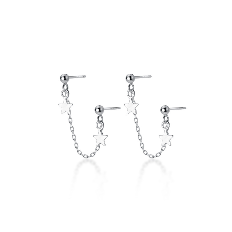 Noombusiness Unique Double Star Silvery Stud Earrings For Women Girls Cute Fashion Metal Cuff 4.2CM Chain Tassel Boucle D'oreille Jewelry