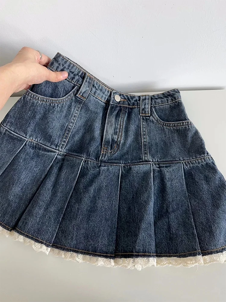 Woherb Retro Kawaii Denim Mini Skirt Women Sexy Gyaru Lace Patchwork