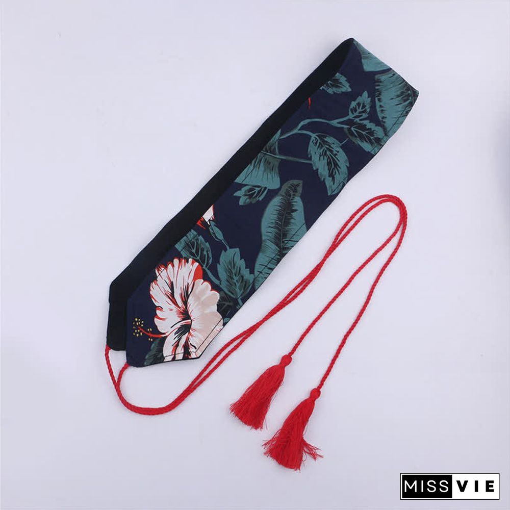 Vintage Print Tassel Lace Up Hanfu Waistband