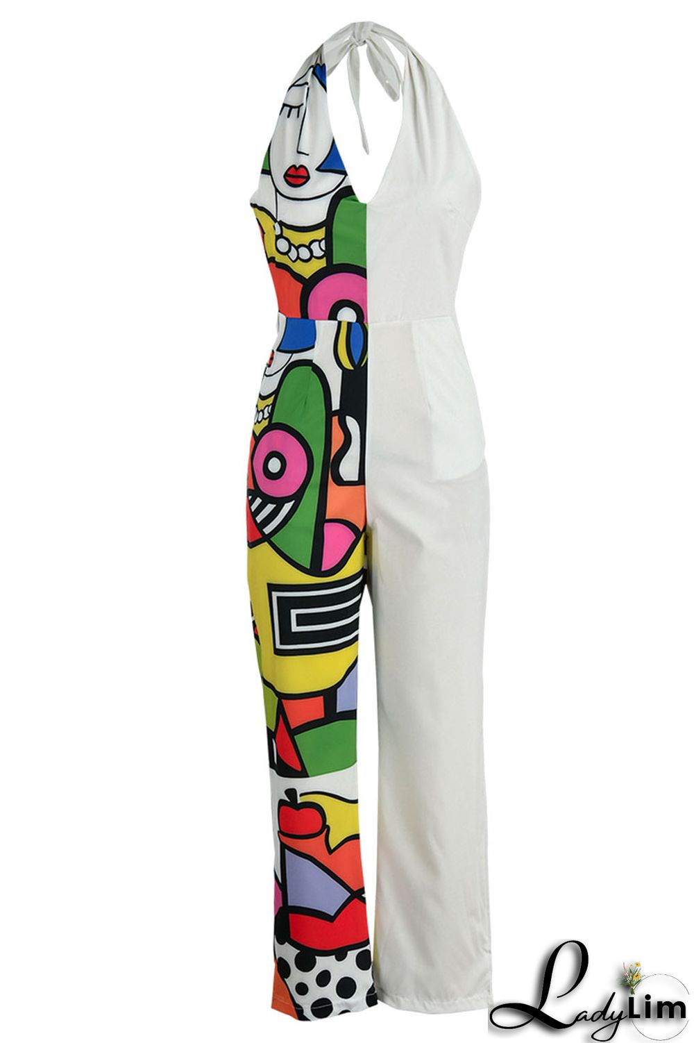 Black Casual Print Bandage Patchwork Backless Straight Jumpsuits