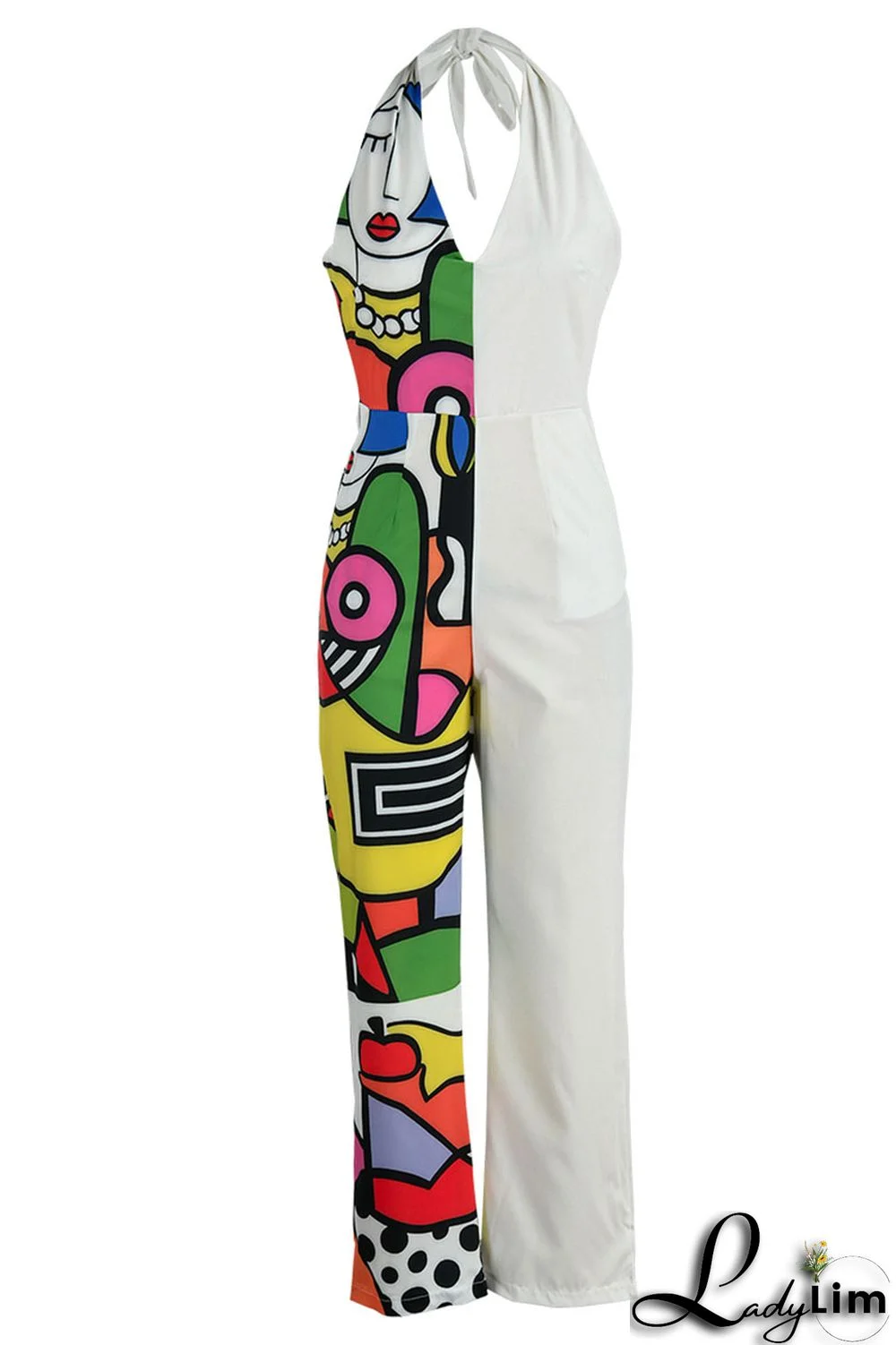 Black Casual Print Bandage Patchwork Backless Straight Jumpsuits