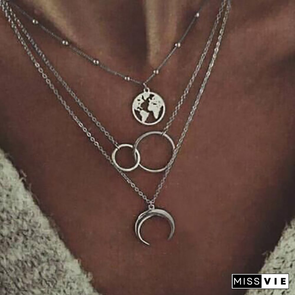 Fashion Women Multi-Layer Moon Map Necklace