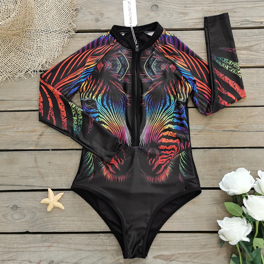 Churchf 2025 New Swimsuit Women's Sense Sports Long-Sleeved Printed Surf Swimsuit