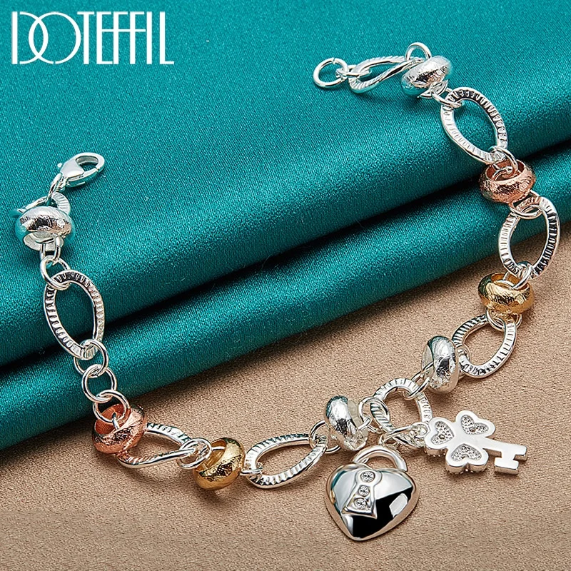 925 Sterling Silver Heart Lock Clover Flower AAA Zircon Bracelet Chain For Women Jewelry